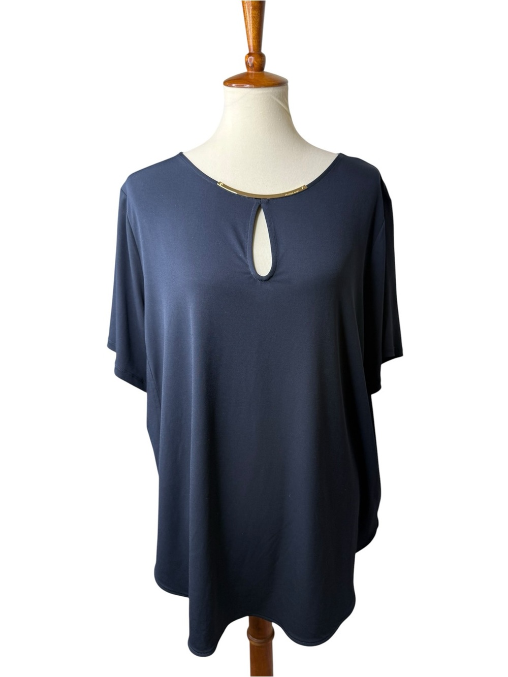 Michael Kors 2X Navy Gold Bar Keyhole Blouse Plus Size Top